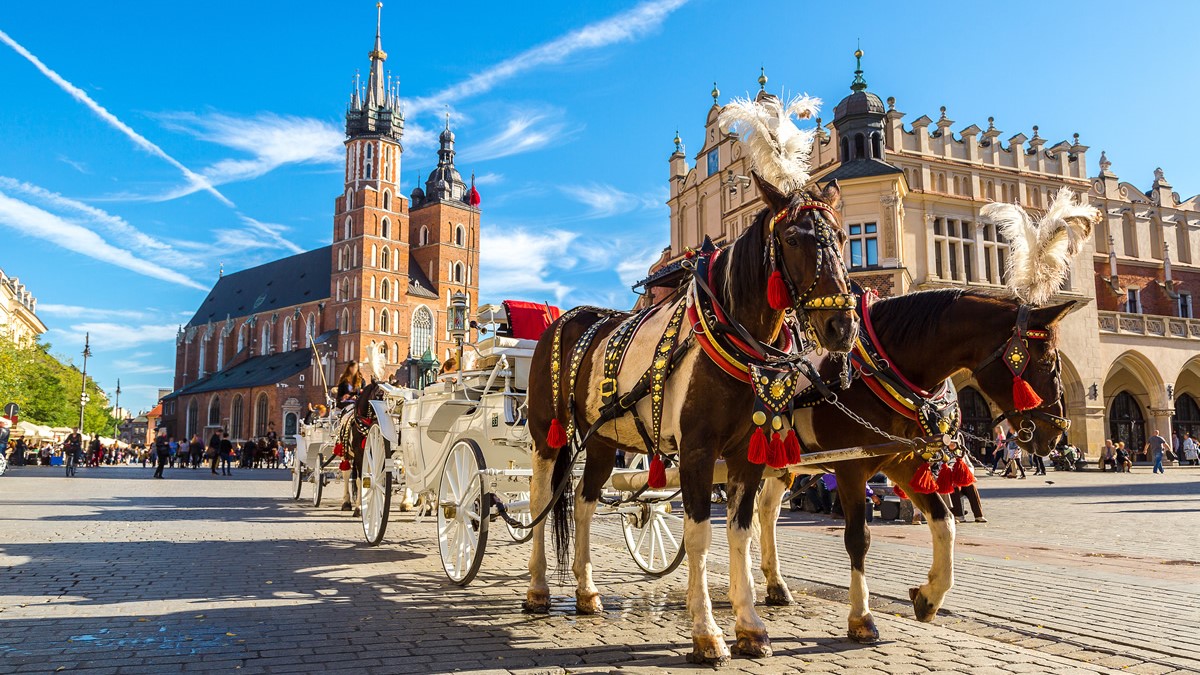 Horse carriages at main square in Krakow